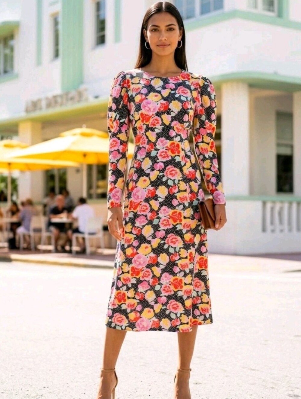 Topshop Black Floral Midi Dress Size 8 White Polka Dot Wedding Guest Cut Out